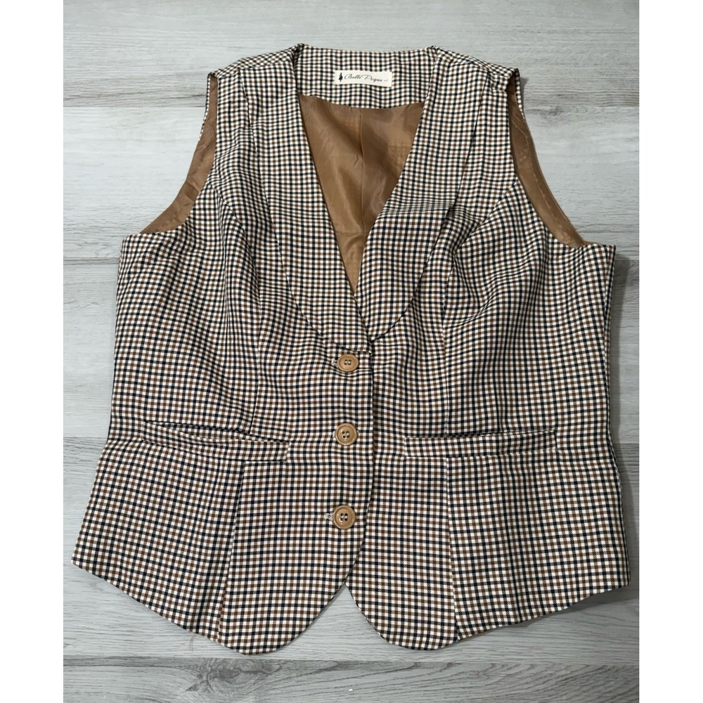 Belle Poque Womens Vest L Brown Mini Gingham Check Lined Waistcoat Cottagecore